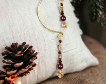 Boho Dangle Ear Cuff Sangria Red, Gold Celtic Spiral, No Piercing Single or Pair