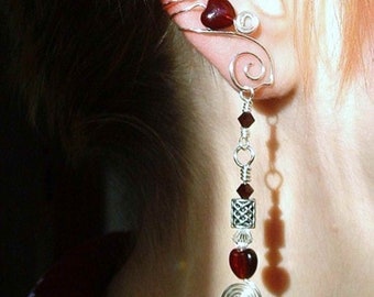Ear Cuff Celtic Heart Spiral 2 in 1 Garnet Red with Silver No Piercing Dangle Ear Cuff  Drop Earrings