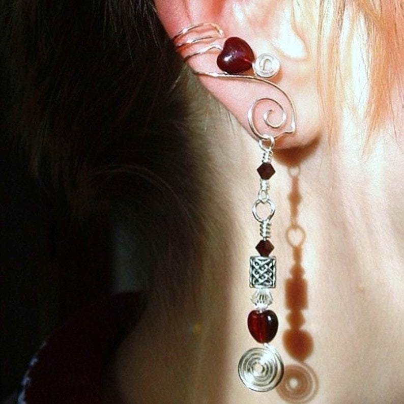 Ear Cuff Celtic Heart Spiral 2 in 1 Garnet Red with Silver No Piercing Dangle Ear Cuff Drop Earrings image 1