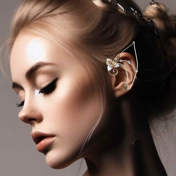 Golden Crystal Elf Ear Cuff Wraps Pair - Fairycore No Piercing Ear Wraps