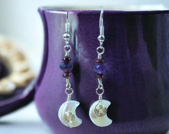 Crescent Moon Dangle Drop Earrings with Amethyst and Garnet - French Hook, Post, or Leverback Celestial Jewelry