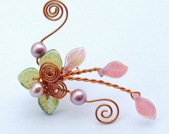 Victorian Spring Fairy Ear Cuff, No Piercing, Fairy Jewelry, Fantasy Vine Wrap, Pink and Green