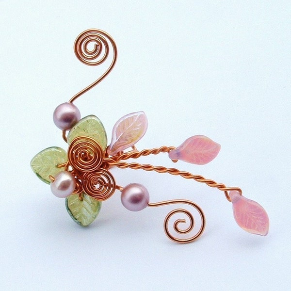 Victorian Spring Fairy Ear Cuff, No Piercing, Fairy Jewelry, Fantasy Vine Wrap, Pink and Green