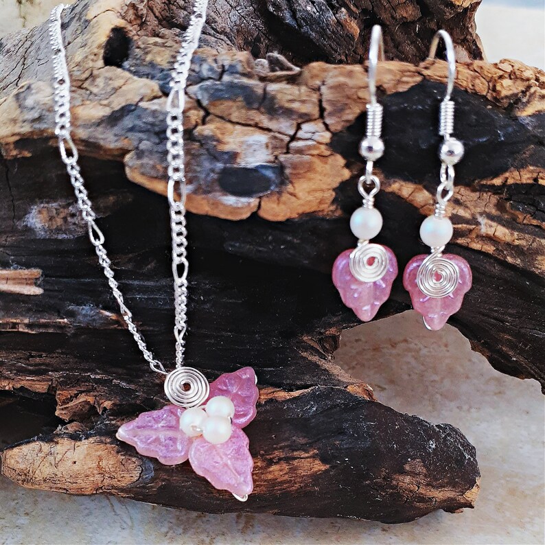Spring Flower Jewelry Set Necklace Earrings Fairy Pink image 6