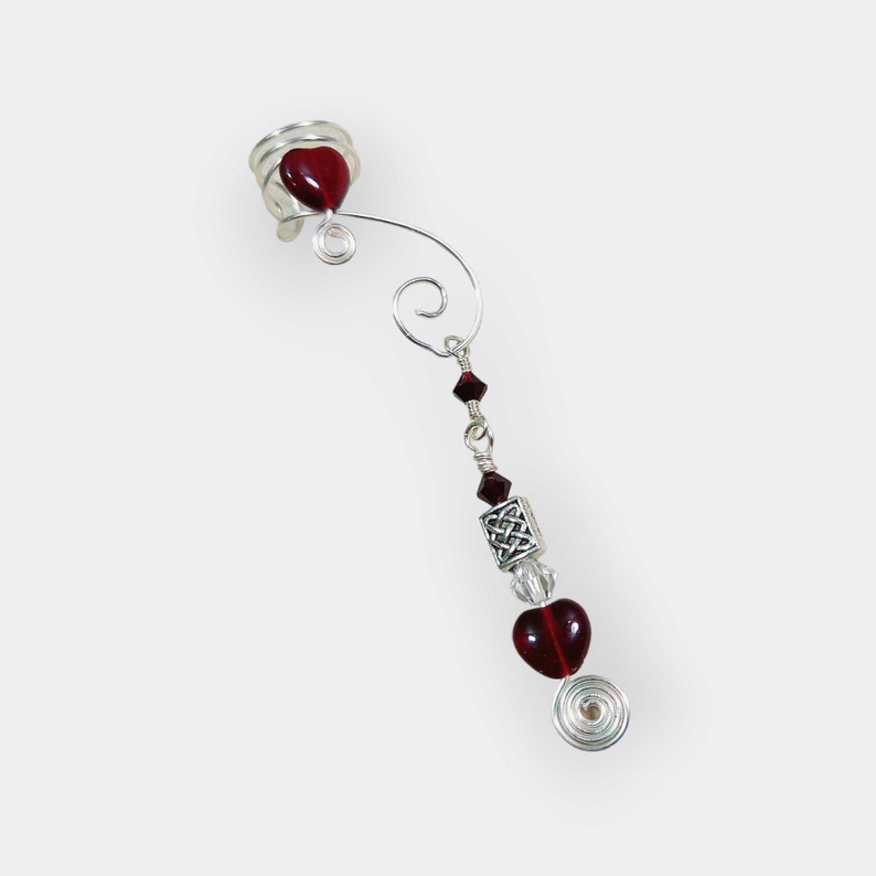 Ear Cuff Celtic Heart Spiral 2 in 1 Garnet Red with Silver No Piercing Dangle Ear Cuff Drop Earrings image 6