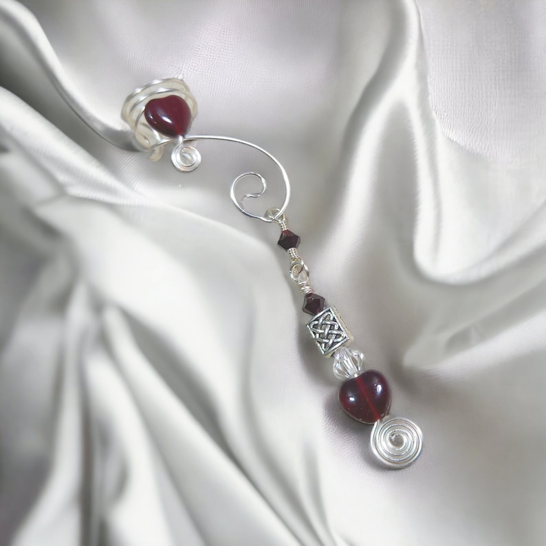 Ear Cuff Celtic Heart Spiral 2 in 1 Garnet Red with Silver No Piercing Dangle Ear Cuff Drop Earrings image 5