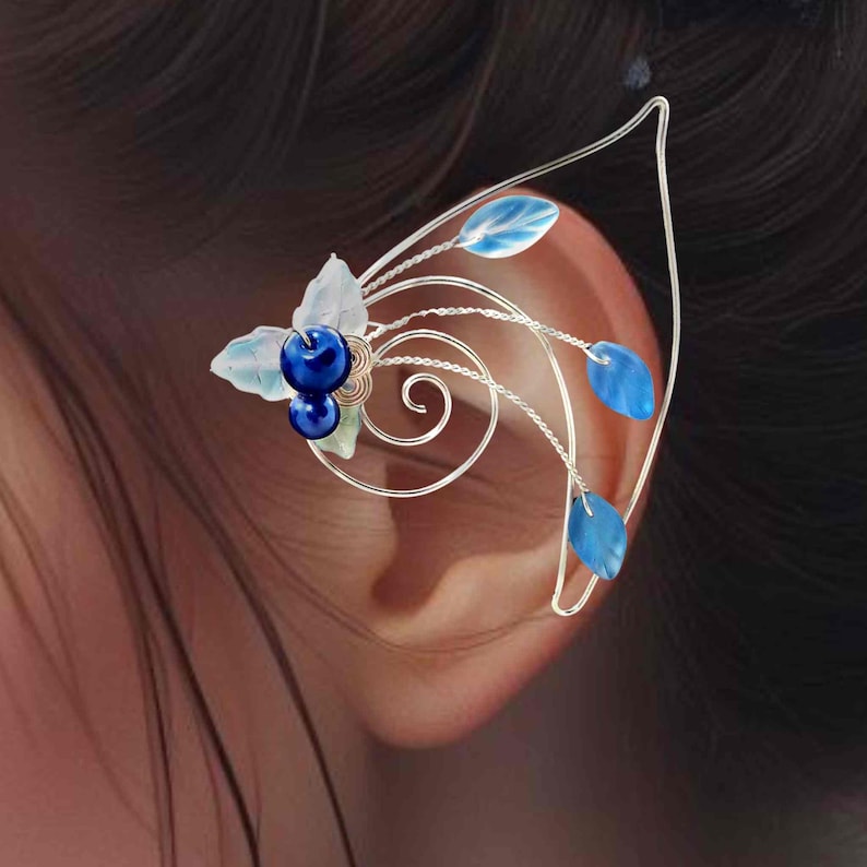 Sapphire Blue Elf Ear Cuff Fairy Ears Pair, Something Blue, Bridal Ear Cuff image 6