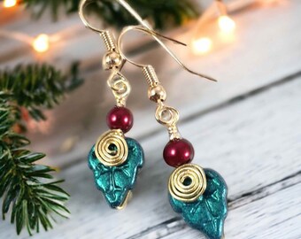 Holiday Leaf Dangle Earrings - Holly Berry Christmas Jewelry Collection