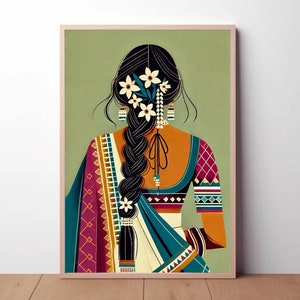 Indian woman Printable digital wall art, Indian lady art, long braided woman with jasmine flowers indian nostalgic fashion art