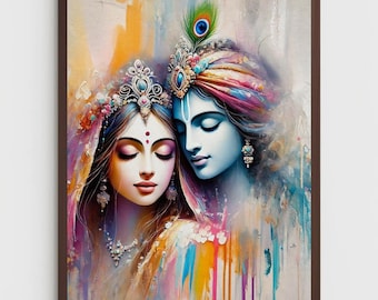 Könnte beinhalten: Ein Aquarellgemälde eines Paares, wahrscheinlich Radha und Krishna, mit bunten Hintergründen und Details. Die Frau hat die Augen geschlossen und der Mann hat die Augen halb geschlossen. Beide tragen aufwendige Kopfbedeckungen und Schmuck.