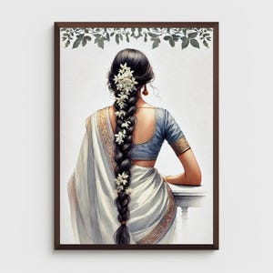 Simple Indian woman Printable digital wall art, Indian lady art, long braided woman with jasmine flowers indian nostalgic fashion art
