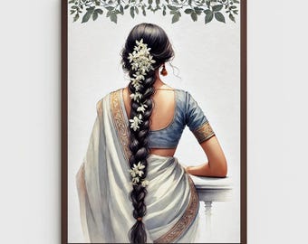 Simple Indian woman Printable digital wall art, Indian lady art, long braided woman with jasmine flowers indian nostalgic fashion art