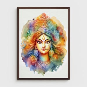 May include: A watercolor painting of a Hindu goddess with a colorful crown and intricate details. The goddess has a serene expression and is surrounded by a vibrant, abstract background.