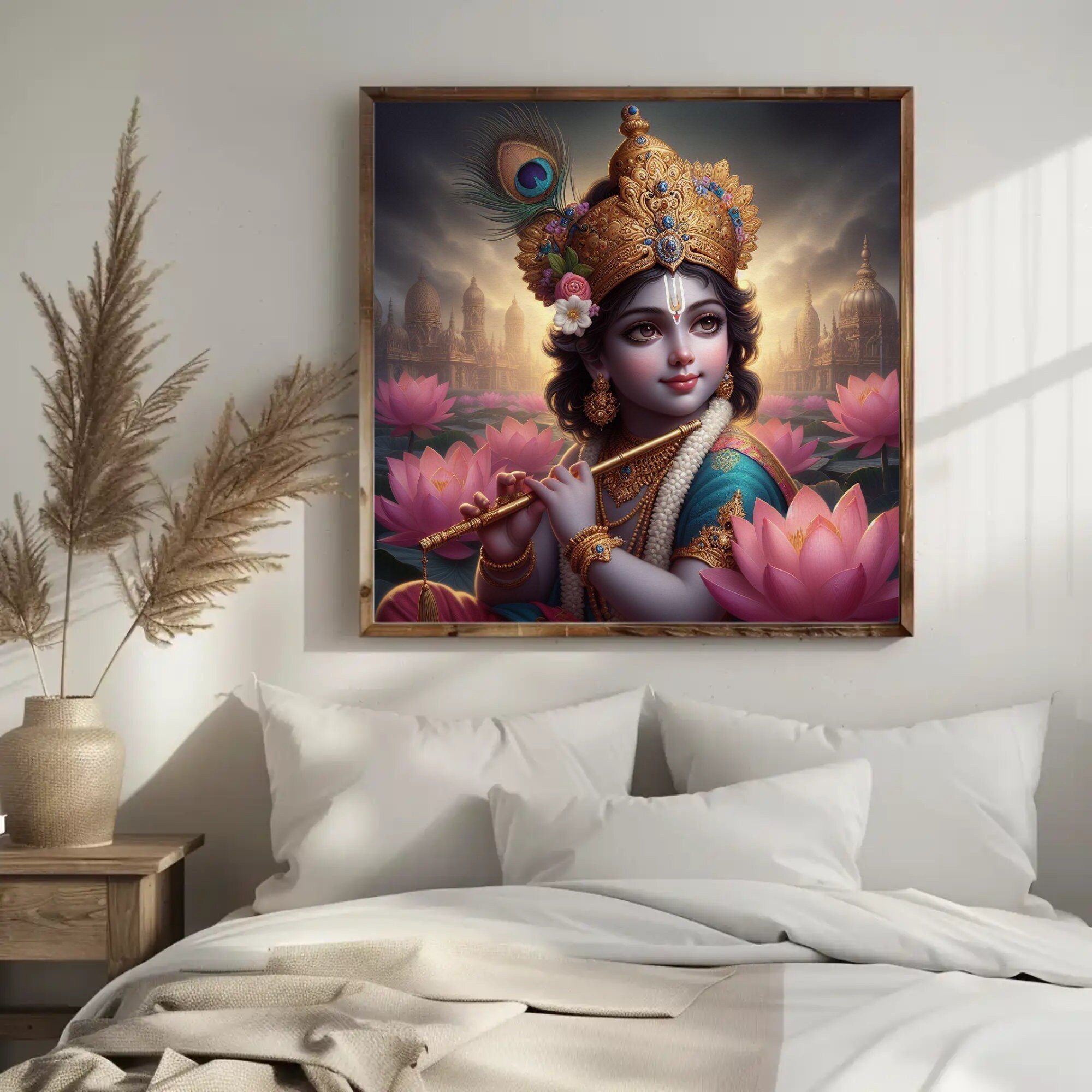 Lord Krishna in Lotus Garden Digital Art Download, Printable Digital