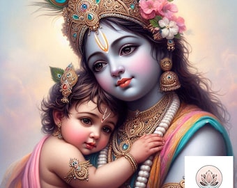 L'amour de Krishna Le Seigneur hindou Krishna serrant son dévot dans ses bras avec amour | Impression d'art numérique divine | Art mural dévotionnel hindou Amour de Dieu