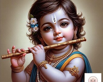 Schattige baby Krishna met fluit Afdrukbare digitale muurkunst, hindoemuurkunst, Krishna wanddecor, Hare Krishna-kunst