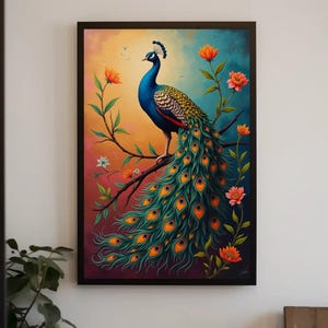 May include: A vibrant painting of a peacock with its tail feathers spread out in a fan shape. The peacock is perched on a branch with orange and yellow flowers. The background is a gradient of orange, yellow, and blue.