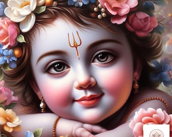 Schattige baby krishna afdrukbare digitale muurkunst, hindoe kunst aan de muur, Krishna wand decor, Hare krishna kunst