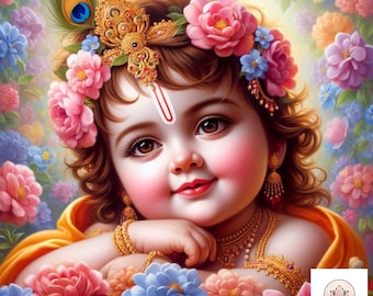Schattige baby krishna afdrukbare digitale muurkunst, hindoe kunst aan de muur, Krishna wand decor, Hare krishna kunst