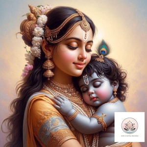 Puede incluir: Una pintura de una mujer con cabello oscuro y joyas elaboradas sosteniendo un bebé dormido. La mujer tiene los ojos cerrados y lleva una corona dorada y un collar. El bebé lleva un atuendo azul y tiene una pluma azul y verde en la cabeza.