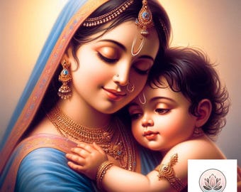 May include: A painting of a mother and child. The mother is wearing a blue sari and has her eyes closed. The child is wearing a yellow and red outfit and is looking at the viewer. The mother is holding the child in her arms. The painting is in a traditional Indian style.