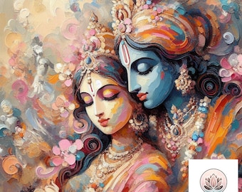 May include: A colorful painting of a couple, likely Radha and Krishna, with intricate details and a vibrant color palette. The painting features a woman with dark hair and a man with blue skin, both adorned with jewelry and flowers.