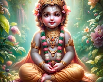 Mooie afdrukbare digitale muurkunst baby krishna, hindoe kunst aan de muur, Krishna wand decor, Hare krishna kunst