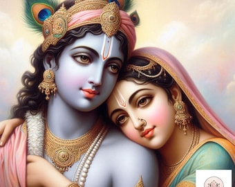 May include: A painting of Krishna and Radha, a Hindu deity couple, embracing. Krishna is wearing a blue and gold outfit with a peacock feather crown. Radha is wearing a pink and green outfit with a gold headpiece. The painting is set against a background of clouds.