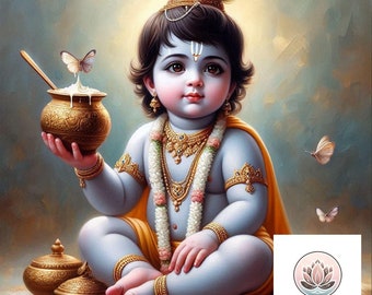 Piękna Baby Krishna Wydrukowana cyfrowa sztuka ścienna, Hinduistyczna sztuka ścienna, Dekoracja ścienna Krishna, Sztuka Hare Krishna