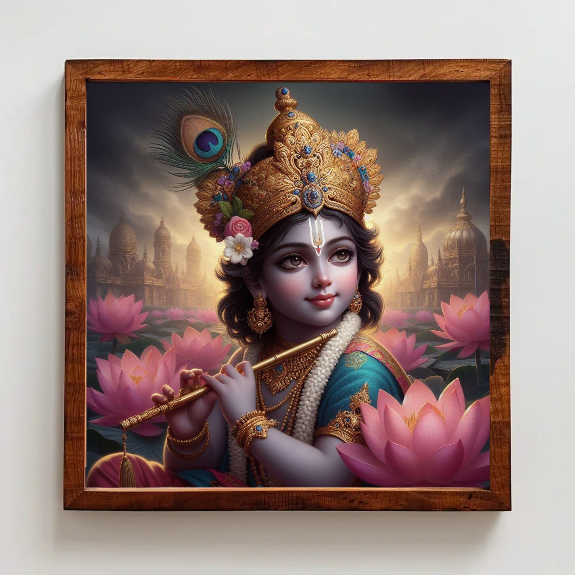 Lord Krishna in Lotus Garden Digital Art Download, Printable Digital