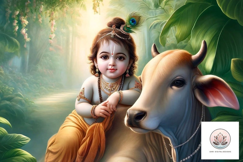 Krishna Rapp Beautiful Baby Krishna With Cow Printable Digital Wall Art, Hindu Wall ...