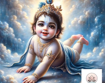 Piękna Baby Krishna Wydrukowana cyfrowa sztuka ścienna, Hinduistyczna sztuka ścienna, Dekoracja ścienna Krishna, Sztuka Hare Krishna