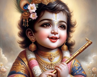 Mooie afdrukbare digitale muurkunst baby krishna, hindoe kunst aan de muur, Krishna wand decor, Hare krishna kunst