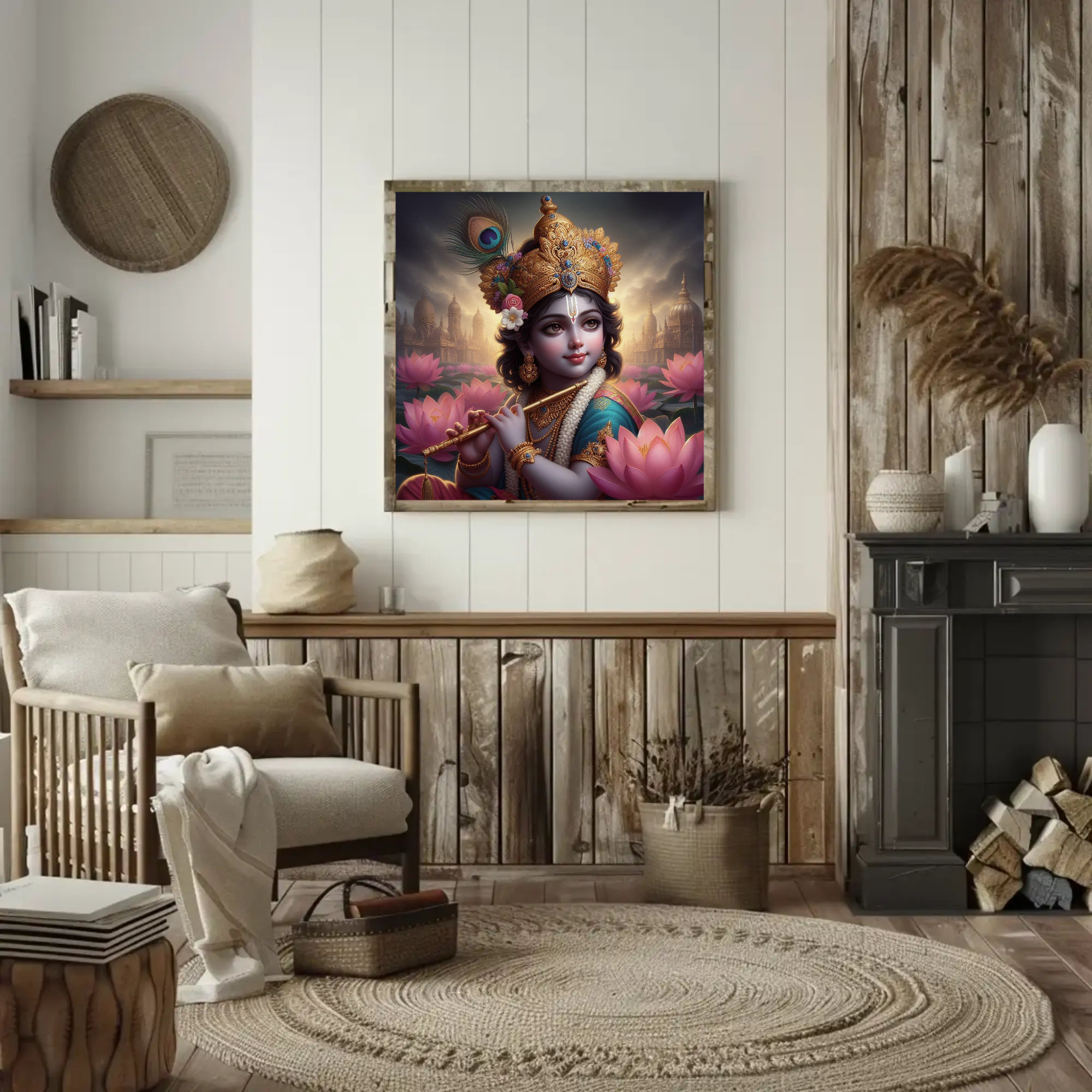Lord Krishna in Lotus Garden Digital Art Download, Printable Digital