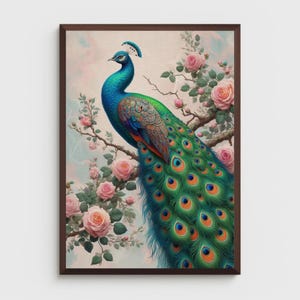 May include: A vibrant peacock with a blue and green body and a long, iridescent tail feathers. The peacock is perched on a branch with pink roses in bloom.