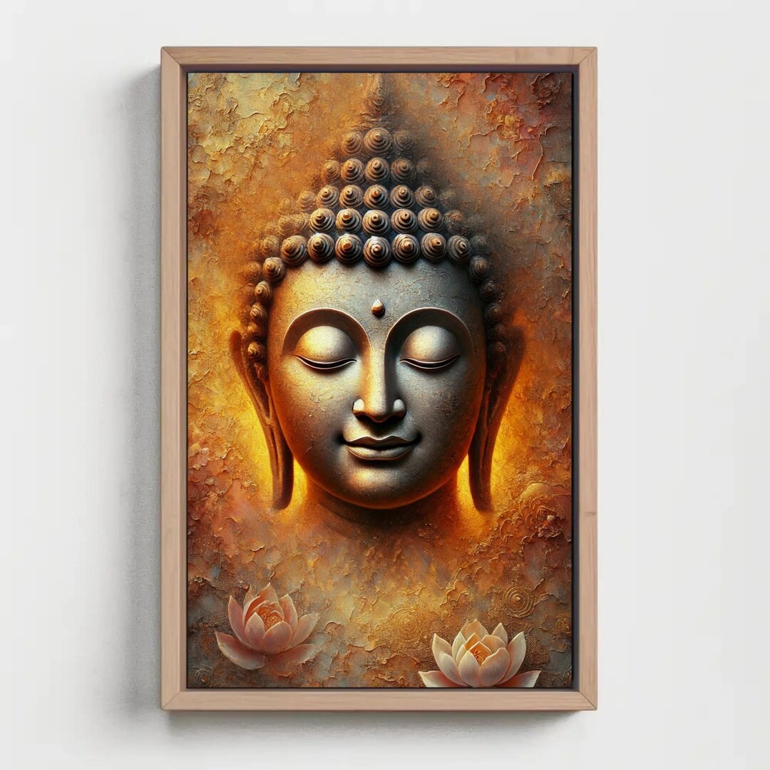 Calm Golden Buddha Face Digital Art Print | Serene Meditation Wall ...