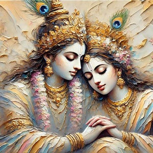 May include: A painting depicting a couple, possibly Krishna and Radha, with intricate details and a soft, romantic feel. The couple is shown with their eyes closed, their hands clasped together, and adorned with gold jewellery. The background features a soft, textured, and colourful design.