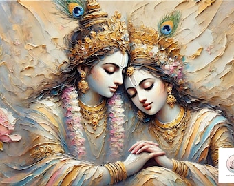 Könnte beinhalten: Ein Gemälde, das ein Paar, wahrscheinlich Krishna und Radha, mit aufwendigen Details und einer sanften, romantischen Atmosphäre zeigt. Das Paar ist mit geschlossenen Augen dargestellt, ihre Hände sind ineinander verschlungen und mit goldenem Schmuck verziert. Der Hintergrund zeigt ein weiches, strukturiertes und farbenfrohes Design.