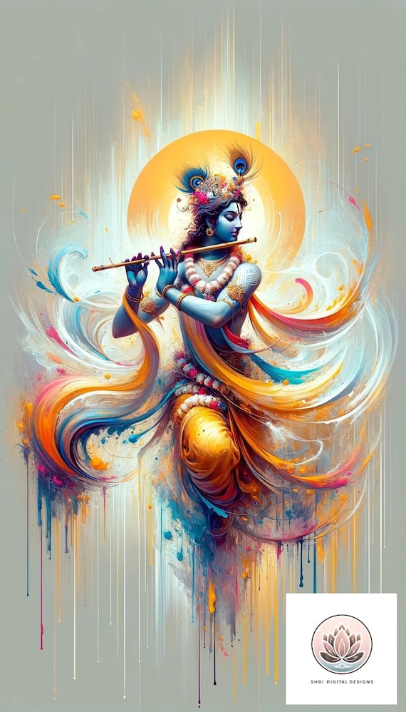 Divine Flute Player Krishna Printable digital wall art, Hindu wall art, Krishna wall decor, Hare krishna art print