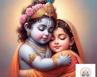 May include: A painting of two young children, a boy and a girl, embracing. The boy is wearing a blue and gold crown and the girl is wearing a yellow and orange sari. The painting is in a traditional Indian style.