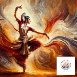 May include: An artistic depiction of a dancer in traditional Indian attire. The dancer is captured mid-motion, with arms gracefully extended. The artwork features a vibrant color palette of reds, oranges, and golds, creating a sense of movement and energy. The image includes the logo of Shri Digital Designs.