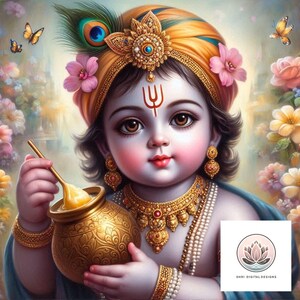 Charming Baby krishna Printable digital wall art, Hindu wall art, Krishna wall decor, Hare krishna art