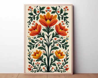 Estampado floral indio, arte popular indio, arte floral vintage, motivos florales mogoles, arte boho, descargas florales indias, arte mural botánico