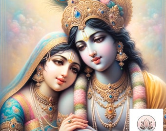 May include: A painting of a couple, Krishna and Radha, in a loving embrace. Krishna is wearing a blue and gold crown with a peacock feather, and Radha is wearing a blue and gold sari. They are both adorned with jewelry and flowers.