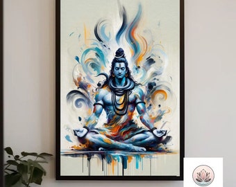 May include: A colorful abstract painting of a Hindu deity, Shiva, meditating in a lotus position. The painting features vibrant blues, oranges, and yellows, with swirling patterns and drips of paint.