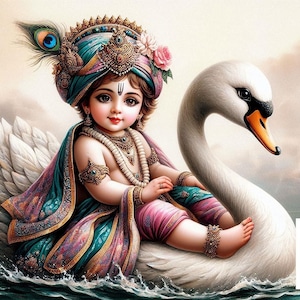 May include: A young boy with dark hair and eyes, wearing a blue and gold turban, sits on a white swan. He is wearing a blue and pink robe and a pearl necklace. The swan is floating on a body of water.
