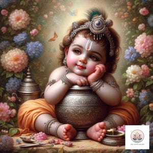 Arte digital encantador del bebé Krishna, arte mural hindú, decoración mural de Krishna, arte Hare Krishna, descarga de papel tapiz