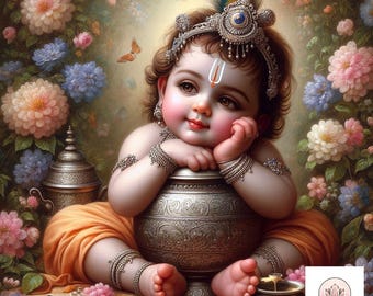 Betoverende baby Krishna digitale kunst, kunst aan de muur hindoe, Krishna wand decor, Hare Krishna kunst, behang downloaden
