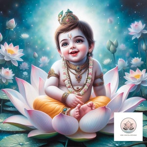 Cute Graceful Baby krishna Printable digital wall art - digital downloadable art Hindu wall art, Krishna wall decor, Hare krishna art