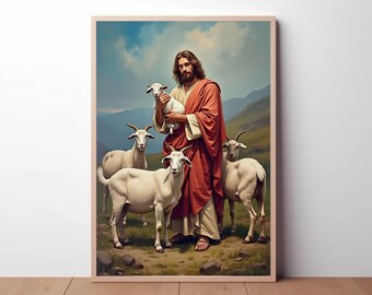 May include: A painting of Jesus Christ in a red robe, holding a white lamb in his arms. He is surrounded by four white goats in a grassy field.